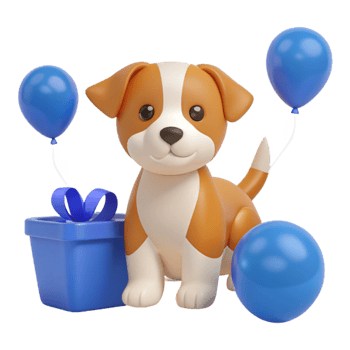 Cute Puppy with Balloons and a Present png