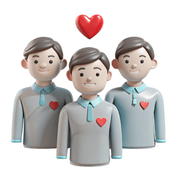 Three Smiling 3D Characters with Hearts png