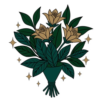 Elegant floral bouquet with golden flowers and green leaves in modern style vector