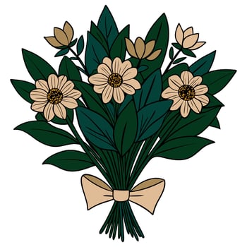 Vintage floral bouquet illustration with beige flowers and green leaves vector
