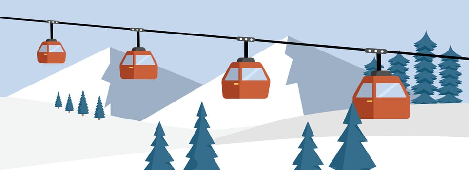 Cable car illustration. Sky lift transport. Mountain transport. Cable car through mountain and the hill. Winter landscape. Winter illustration. vector