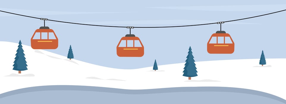 Sky lift in the winter season. Cable car illustration. Sky lift transport. Mountain transport. Cable car through river and the hill. Winter landscape. Winter illustration. Winter tree. Gondola lift vector