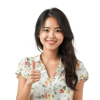 Happy Asian woman giving a thumbs up while smiling in a floral blouse against a neutral background, Portrait happy Asian woman shows thumb up and looking at the camera transparent background png