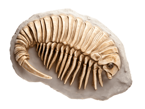 close-up of a trilobite fossil in stone showing detailed exoskeleton on isolated background png