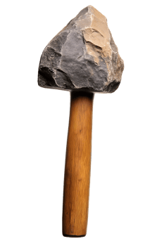 close-up of an early human stone carving tool with wooden handle on isolated background png