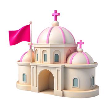 3D Cartoon Church Model with Pink Domes and a Red Flag png