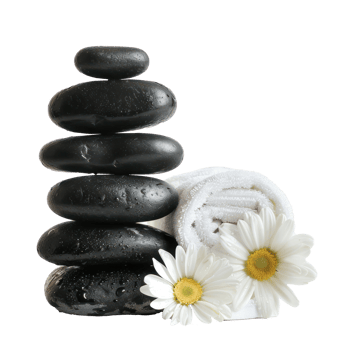 Black stack stones and white towel with fresh flower, spa concept isolate on transparency background png