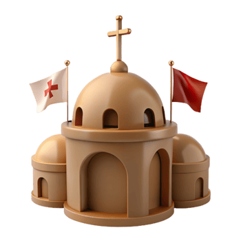 3D Render of a Church Building with a Cross and Flags png