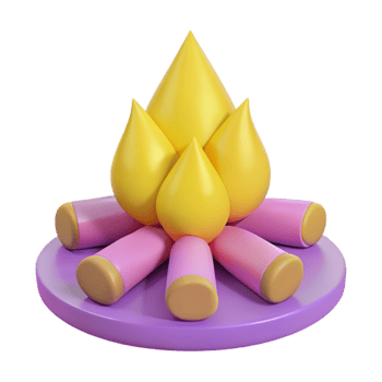 3D Render of a Cartoon Campfire with Yellow Flames and Pink Logs png