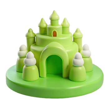 3D Cartoon Green Castle with Towers and White Clouds png
