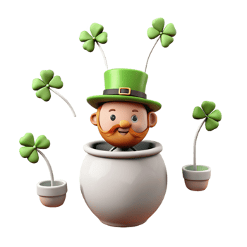 Irish Leprechaun in a Pot with Four-Leaf Clovers png
