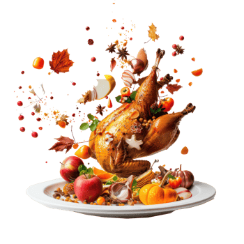 floated Thanksgiving Turkey and ingredients falling into a plate isolate on transparency background png