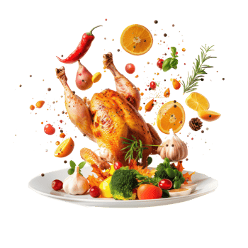 floated Thanksgiving Turkey and ingredients falling into a plate isolate on transparency background png