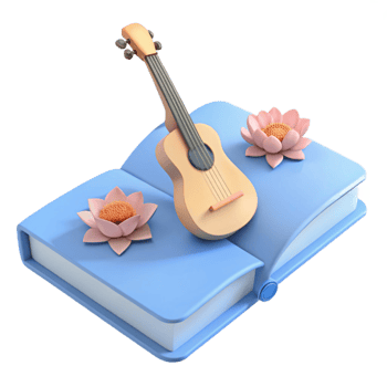 3D Render of a Blue Book with a Ukulele and Lotus Flowers png