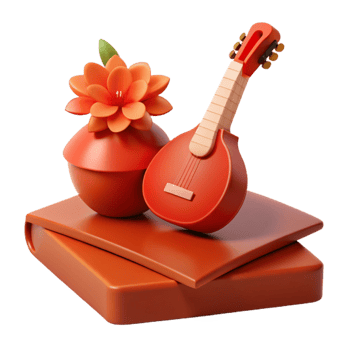 3D Render of a Flower, Guitar, and Stack of Books png
