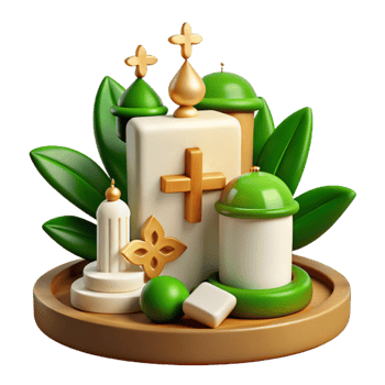 3D Illustration of Religious Symbols with Green Foliage png