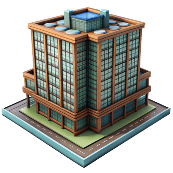 3D isometric illustration of a contemporary office building, featuring geometric shapes and a sleek architectural style png