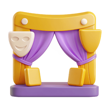 3D Render of a Purple Stage Curtain with Yellow Frame and Seats png