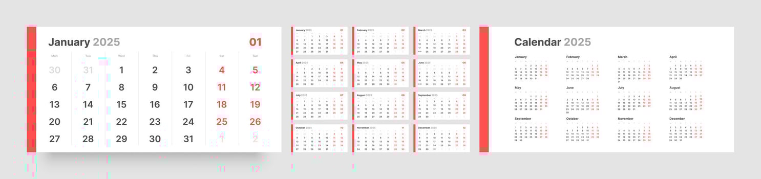 Monthly calendar template for 2025 year. Quarterly calendar in a minimalist style. Week Starts on Monday. vector