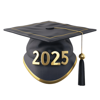 3d graduate cap with text 2025 front view full length isolate on transparency background png