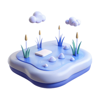 3D Rendered Scene with Pond, Clouds, and Grass png