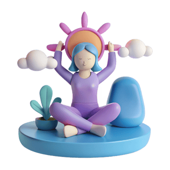 3D Character Sitting in Meditation Pose with Sun and Clouds png
