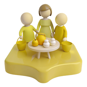 3D Render of Family at Table with Teapot and Pots png