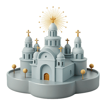 3D Model of a Church with Golden Crosses and a Starburst Design png
