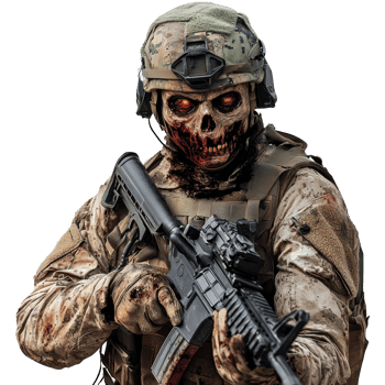 Military zombie soldier with a weapon standing alone against a transparent background, military soldier zombie isolated on transparent background png