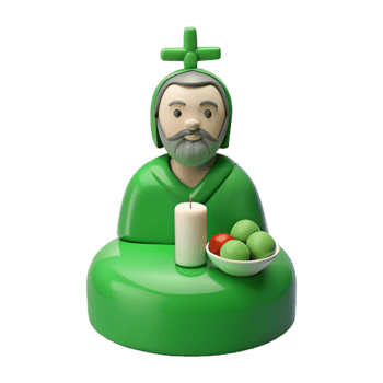 3D Render of a Holy Figure with a Cross, Candle, and Fruit png