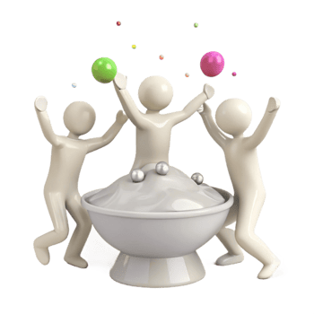 Three Stick Figures Celebrating with Colorful Balls in a Bowl of Whipped Cream png