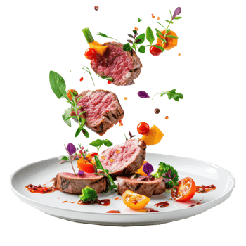 floated Veal tenderloin with sesonal vegetables falling into a plate isolate on transparency background png