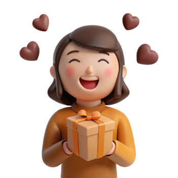Smiling 3D Character Holding a Gift Box Surrounded by Hearts png