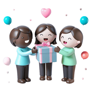 Three Friends Celebrating With a Gift and Balloons png