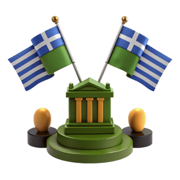 3D Render of Greek Flag, Temple, and Gold Balls png