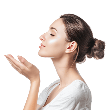 Beautiful woman with face care hand gesture side view isolate on transparency background png