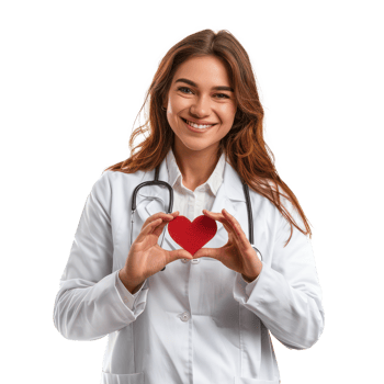 Smiling young female doctor making heart geture with hand, standing isolate on transparency background png
