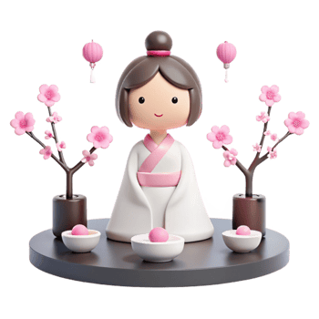 3D Render of a Traditional Asian Woman in a White Dress with Pink Flowers png