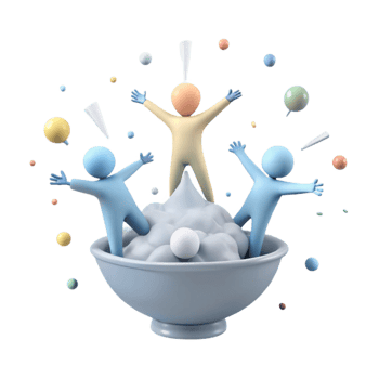 Three 3D Characters Jumping in a Bowl of Whipped Cream png