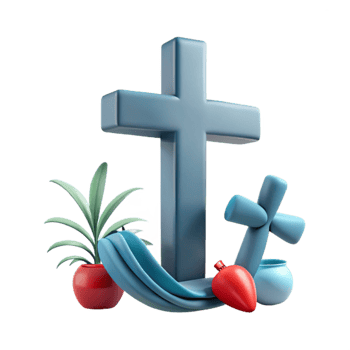 3D Render of a Cross with a Plant, Fabric, and a Small Cross png