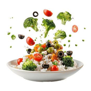 floated broccoli, tomatoes and olives with rice falling into a plate isolate on transparency background png
