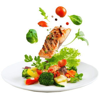 floated Grilled salmon on fresh vegetables falling into a plate isolate on transparency background png