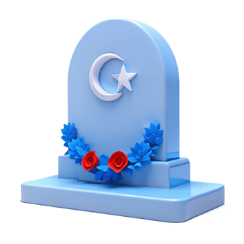 3D Render of a Crescent Moon and Star on a Blue Gravestone with Red Flowers png