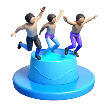 Three 3D Cartoon Characters Jumping on a Blue Platform png