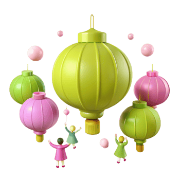 3D Rendered Illustration of Colorful Lanterns and Small Figures png