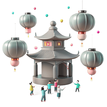 3D Render of Pagoda with Lanterns and People png