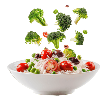 floated broccoli, tomatoes and olives with rice falling into a plate isolate on transparency background png