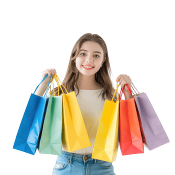 Smiling young woman with colorful shopping bag, standing isolate on transparency background png
