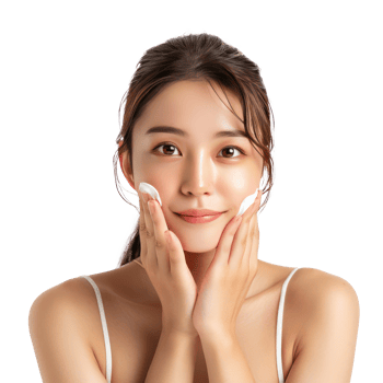 Beautiful woman moisturizing cheek by her hand isolate on transparency background png