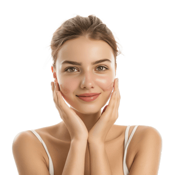 Beautiful woman with face care hand gesture front view isolate on transparency background png